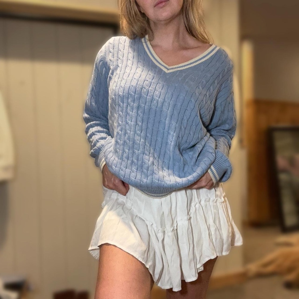 John Galt oversized preppy soft girl cable knit sweater with white trim